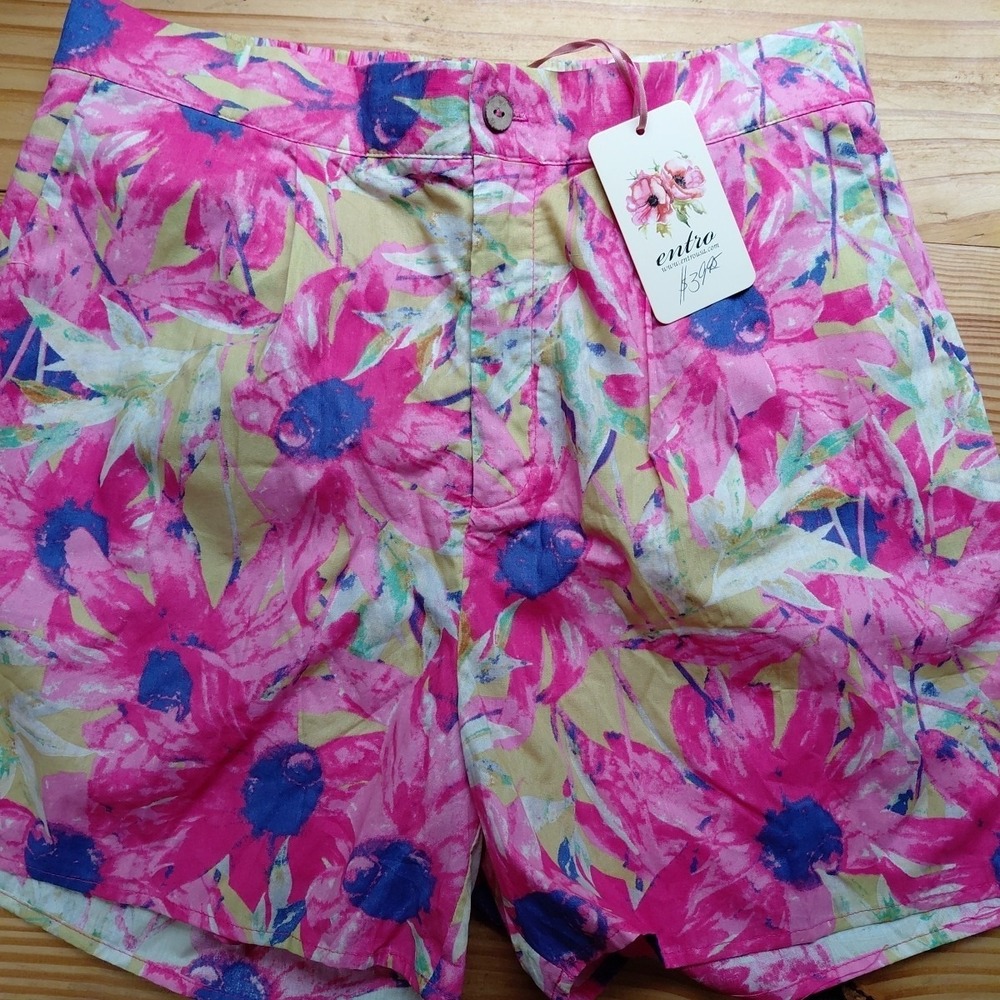 New‎ Entro Shorts 90s  Y2k Floral Cotton Button & Zip Elastic Waist Sz L